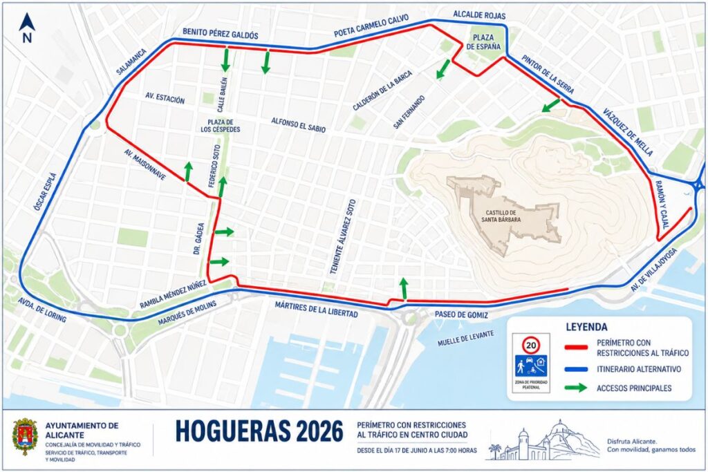 Perímetro de la zona de tráfico restringido por las fiestas de Fogueres de Sant Joan. Fuente: Ayuntamiento de Alicante
